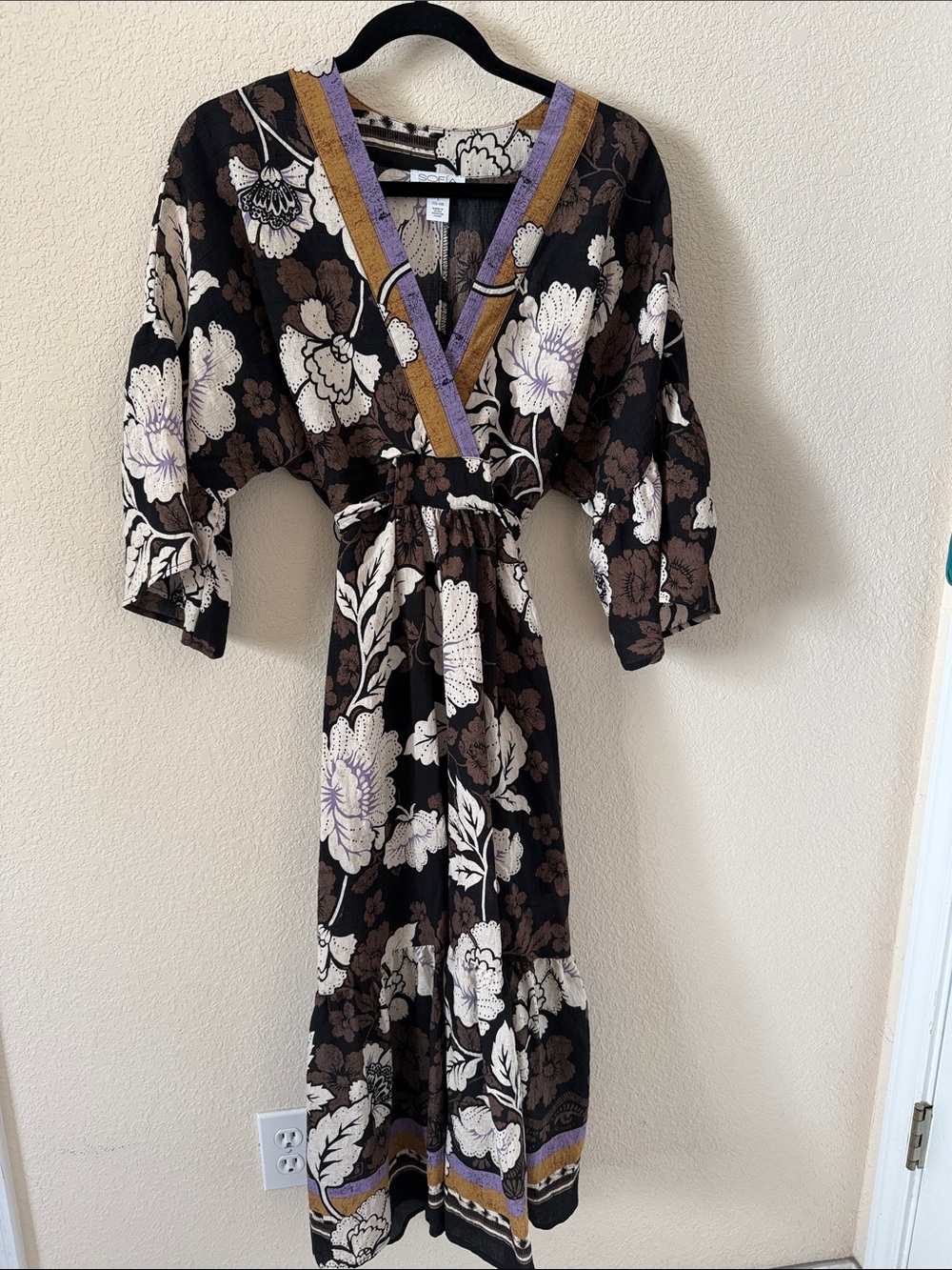 Floral V-Neck Maxi Dress in Black, Brown, Cream, Lavender. Adjustable waist belt